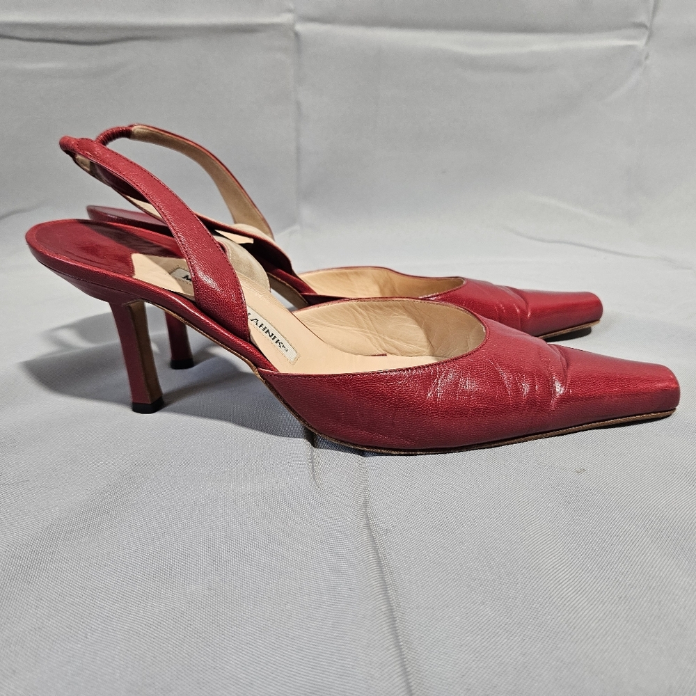 Manolo Blahnik VTG Carolyne Leather Red Sling Back Point Toe Kitten Heel 40/9.5 - Picture 4 of 10